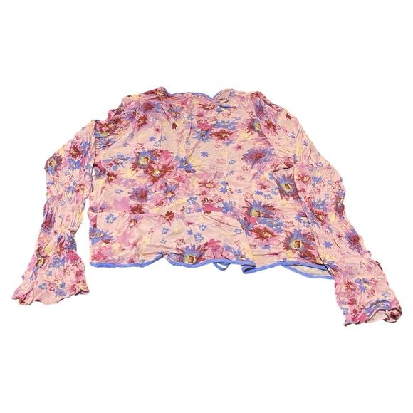 Free People Top Size Large Venice Blue Pink Floral Long Sleeve Bow Tie Semi Crop - Picture 6 of 7